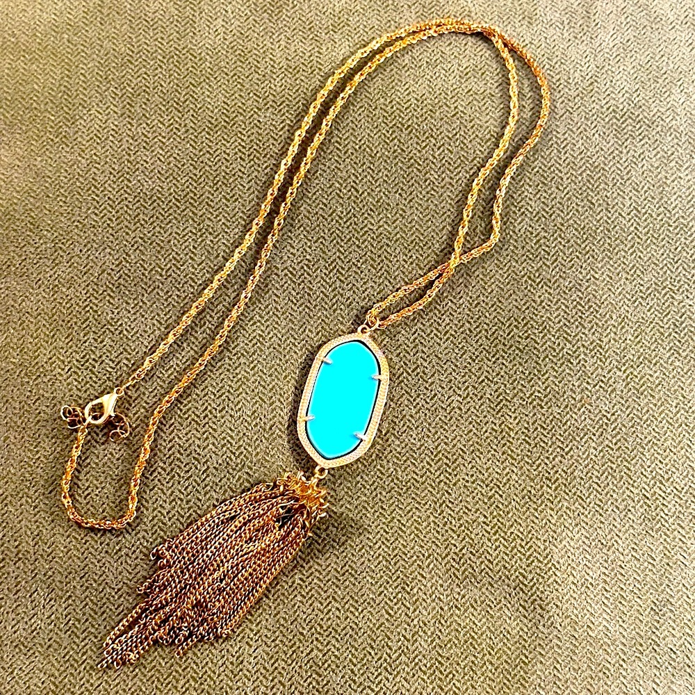 Kendra Scott Turquoise Pendant Tassle Necklace, Gold & Teal, costume jewelry
